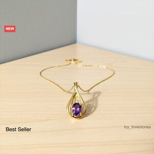 Teardrop Pendant Necklace 10K Yellow Gold Gemstone Diamond Elegant Chain